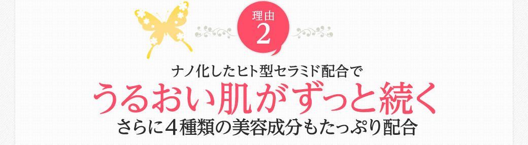 理由2　ナノ化したヒト型セラミド配合でうるおい肌がずっと続くさらに4種類の美容成分もたっぷり配合