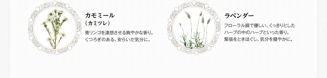 カモミール（カミツレ）　青リンゴを連想させる爽やかな香り。くつろぎのある、安らいだ気分に。　　ラベンダー　フローラル調で優しい、くっきりとしたハーブの中のハーブといった香り。緊張をときほぐし、気分を穏やかに。